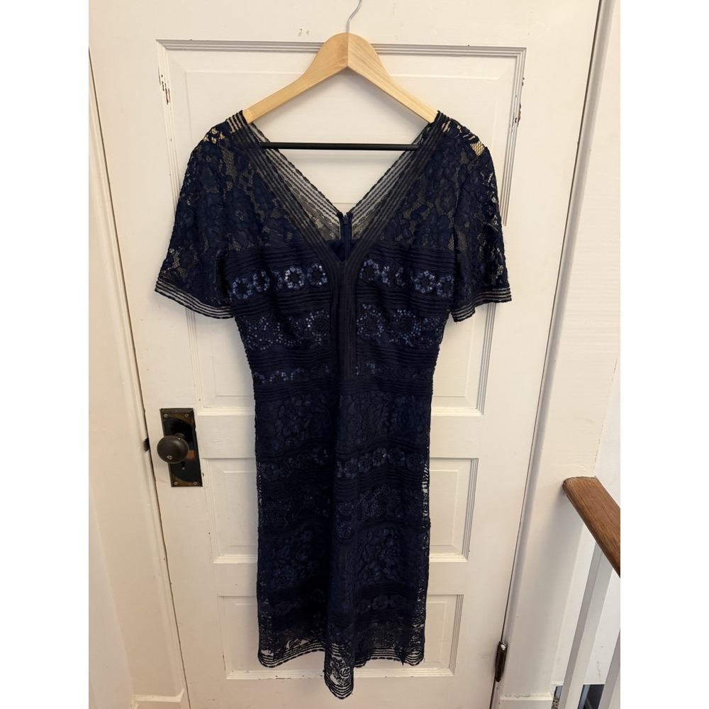 Tadashi Shoji Navy Corin Lace Sequin Midi Dress V-neck Cocktail Formal 10 $408